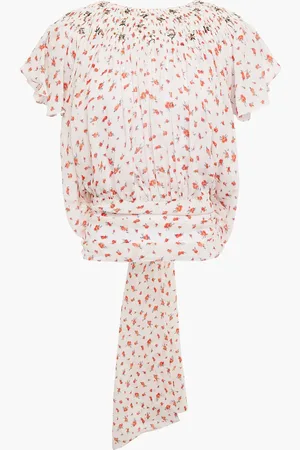 Chloé Tie-back gathered embellished floral-print silk-georgette top - Neutral - FR 36
