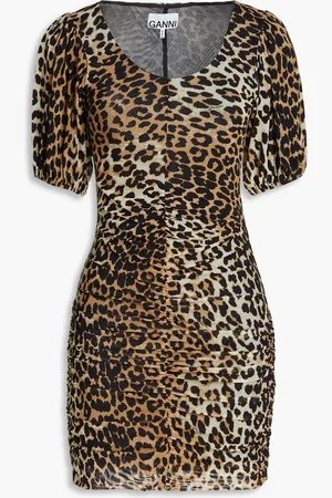 Ganni Ruched leopard-print stretch-mesh mini dress - - DE 36