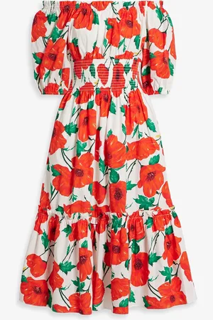 Cara Cara Off-the-shoulder floral-print cotton-poplin midi dress - Red - XS