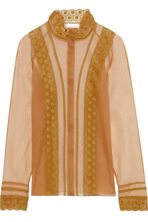 Chloé Scalloped embroidered silk-organza blouse - Brown - FR 34
