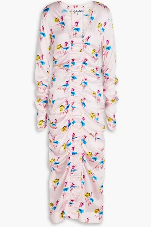 Ganni Ruched floral-print stretch-silk satin midi dress - Pink - DE 40