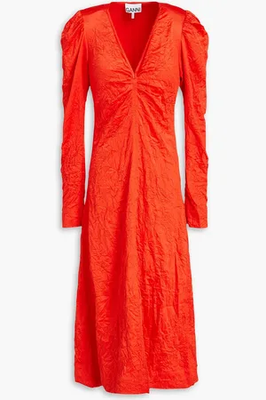 Ganni Crinkled stretch-satin midi dress - Red - DE 38