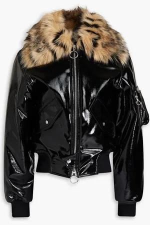 Paco rabanne Faux fur-trimmed vinyl bomber jacket - - FR 34