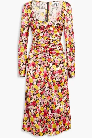 Ganni Ruched floral-print silk-blend satin midi dress - - DE 36