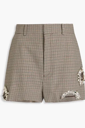 AREA Crystal-embellished cutout houndstooth wool shorts - - US 6