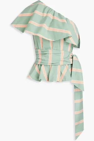 Stella Jean One-shoulder ruffled striped cotton-blend poplin top - Green - IT 38
