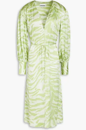 Ganni Tiger-print silk-blend satin midi dress - Green - DE 42