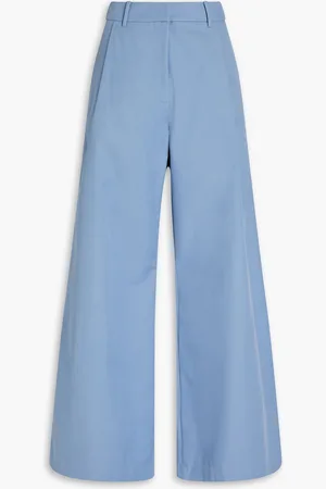 Anna Quan Pleated cotton-blend twill wide-leg pants - Blue - UK 6