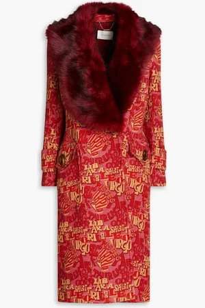 ZIMMERMANN Double-breasted faux fur-trimmed jacquard coat - Burgundy - 3