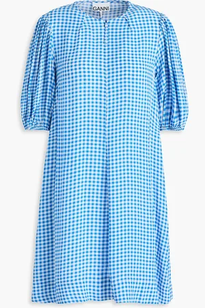 Ganni Gingham crepe mini dress - Blue - DE 44