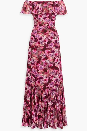 MIKAEL AGHAL Off-the-shoulder ruffled floral-print fil coupé gown - Pink - US 16