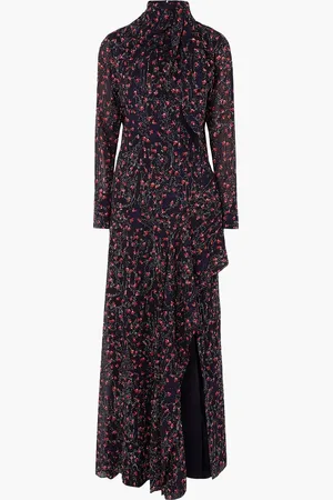 Chloé Pussy-bow embroidered floral-print silk-georgette gown - Blue - FR 34