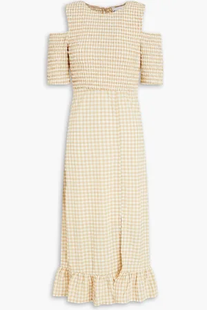 Ganni Cold-shoulder gingham seersucker midi dress - Neutral - DE 32