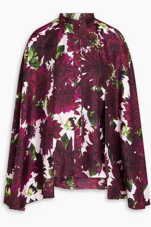 Oscar de la Renta Gathered floral-print silk-twill shirt - Purple - US 4