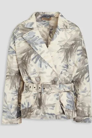 GENTRYPORTOFINO Belted printed linen-blend jacket - White - IT 42