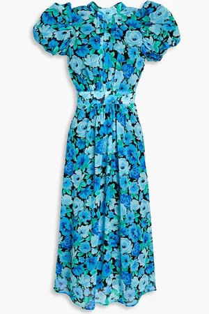 ROTATE Shirred floral-print chiffon midi dress - Blue - DE 32