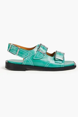 Ganni Topstitched leather slingback sandals - Blue - EU 35