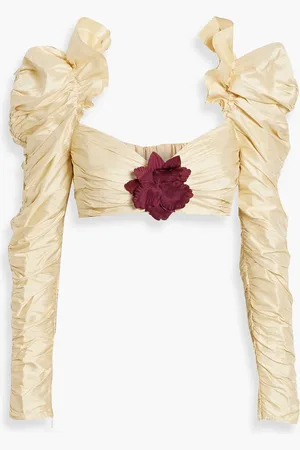 ZIMMERMANN Cropped ruched silk-shantung top - Neutral - 00