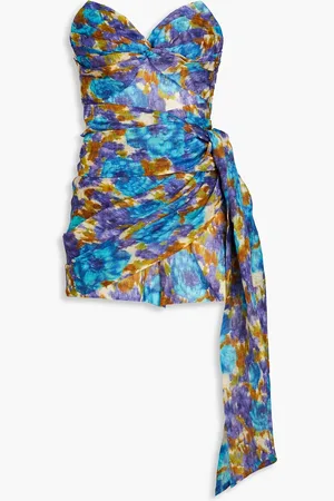 ZIMMERMANN Strapless bow-detailed printed linen and silk-blend playsuit - Blue - 1