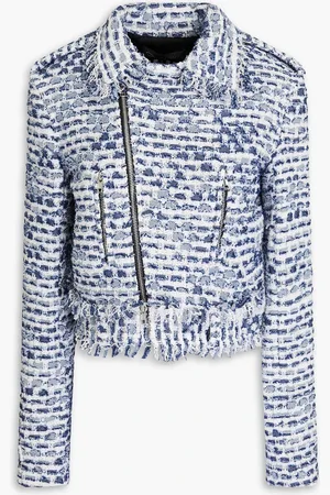 Oscar de la Renta Cropped cotton-blend bouclé-tweed biker jacket - Blue - US 14