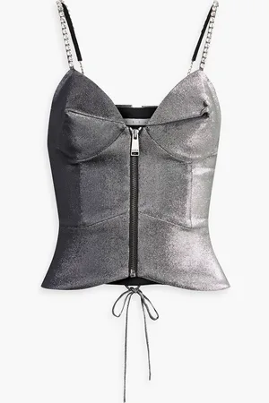 AREA Lace-up crystal-embellished metallic twill top - Metallic - US 2