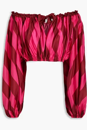 ZIMMERMANN Cropped striped silk-satin off-the-shoulder top - Pink - 1