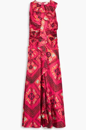 ULLA JOHNSON Othella ruffled printed silk-twill midi dress - Pink - US 0