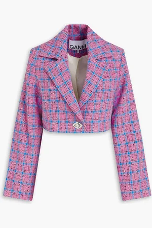 Ganni Cropped checked cotton-blend tweed blazer - Pink - DE 40