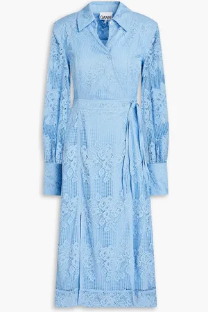 Ganni Corded lace and crochet midi wrap dress - Blue - DE 42