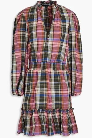 VERONICA BEARD Destiny ruffled metallic checked cotton-blend mini dress - Green - US 8