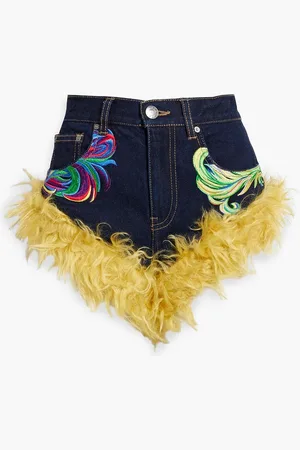 AREA Faux fur-trimmed embroidered denim shorts - Blue - US 2