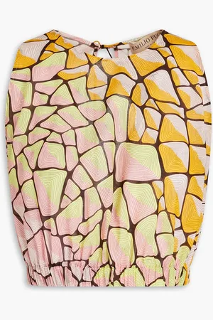 Puccini Cropped cutout printed cotton-voile top - Yellow - IT 48