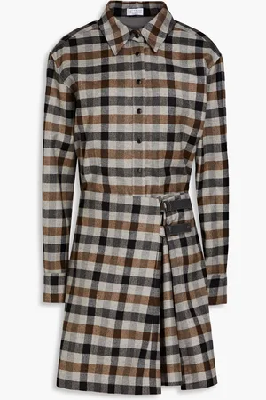 Brunello Cucinelli Checked wool-blend flannel mini shirt dress - Gray - M