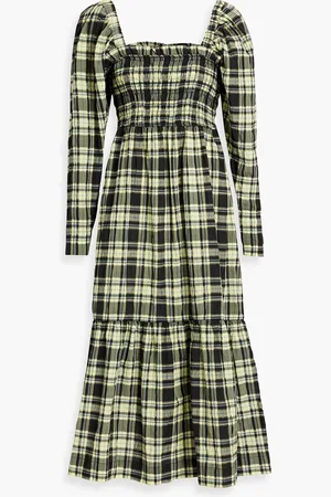 Ganni Shirred checked cotton-blend seersucker midi dress - - DE 38