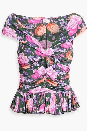 MAGDA BUTRYM Off-the-shoulder ruched floral-print jersey top - Green - FR 36