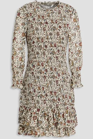 VERONICA BEARD Farha shirred floral-print crepe de chine mini dress - White - US 4