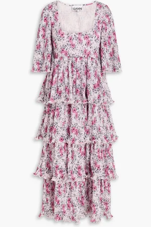 Ganni Tiered floral-print crepon midi dress - Pink - DE 34