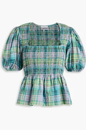 Ganni Shirred checked cotton-blend peplum top - Blue - DE 40