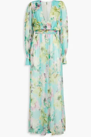 Costarellos Gathered floral-print crepon gown - Green - DE 38