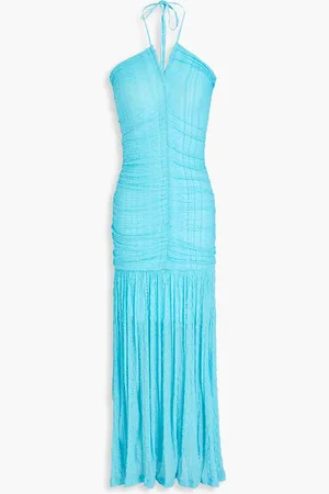 Ganni Ruched textured-knit halterneck maxi dress - Blue - DE 42