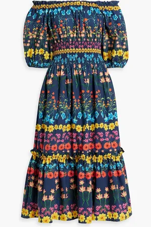 Cara Cara Off-the-shoulder floral-print cotton-poplin midi dress - Blue - XXS