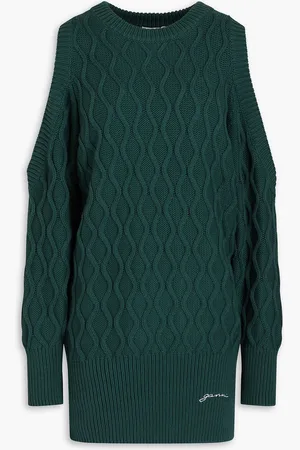 Ganni Cold-shoulder cable-knit cotton sweater - Green - XS