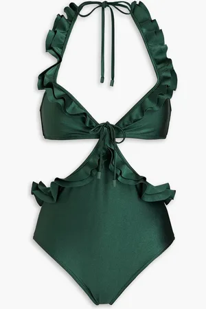 ZIMMERMANN Ruffled cutout halterneck swimsuit - Green - 0
