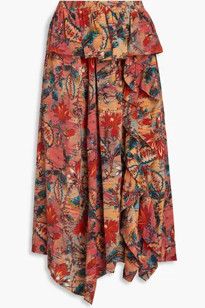 ULLA JOHNSON Ursa ruffled floral-print silk crepe de chine midi skirt - Orange - US 8