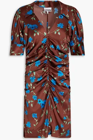 Ganni Ruched floral-print stretch-silk satin mini dress - - DE 38