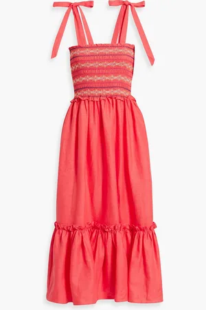 Cara Cara Jenny smocked linen midi dress - Orange - L
