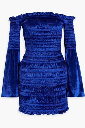 AREA Off-the-shoulder shirred stretch-chenille mini dress - Blue - S