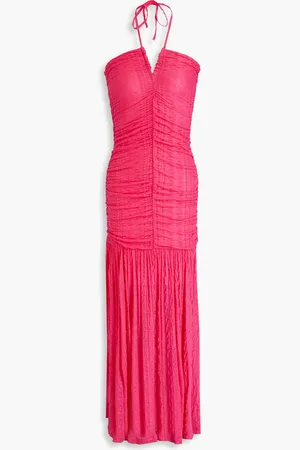 Ganni Ruched textured-knit halterneck maxi dress - Pink - DE 40