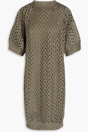Brunello Cucinelli Embellished open-knit cotton, linen and silk-blend mini dress - Green - XS