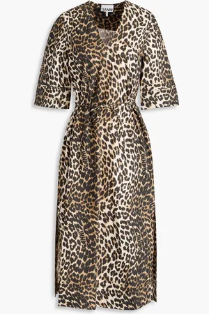 Ganni Leopard-print cotton-poplin midi dress - - DE 32